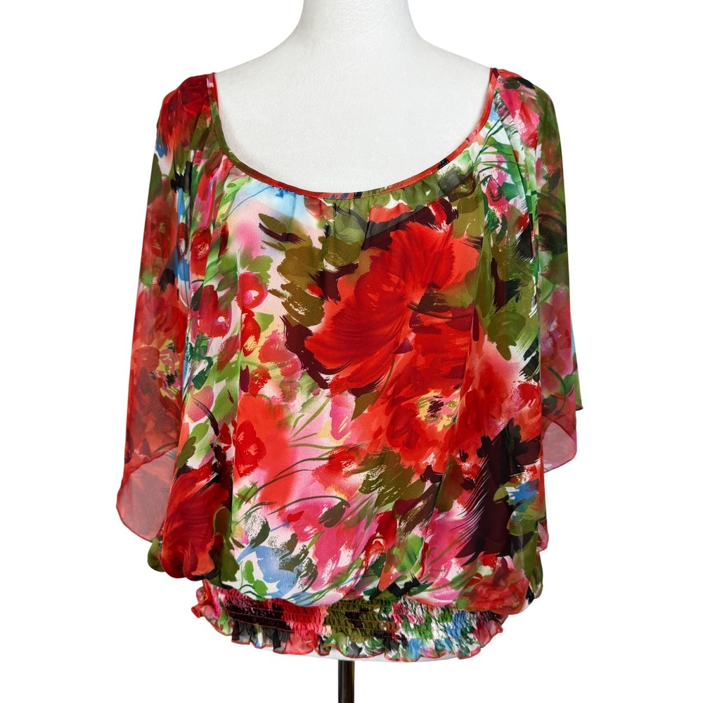 New York City Design Co Women XL Tank Top with sheer blouse Red Floral Hem 2pc
